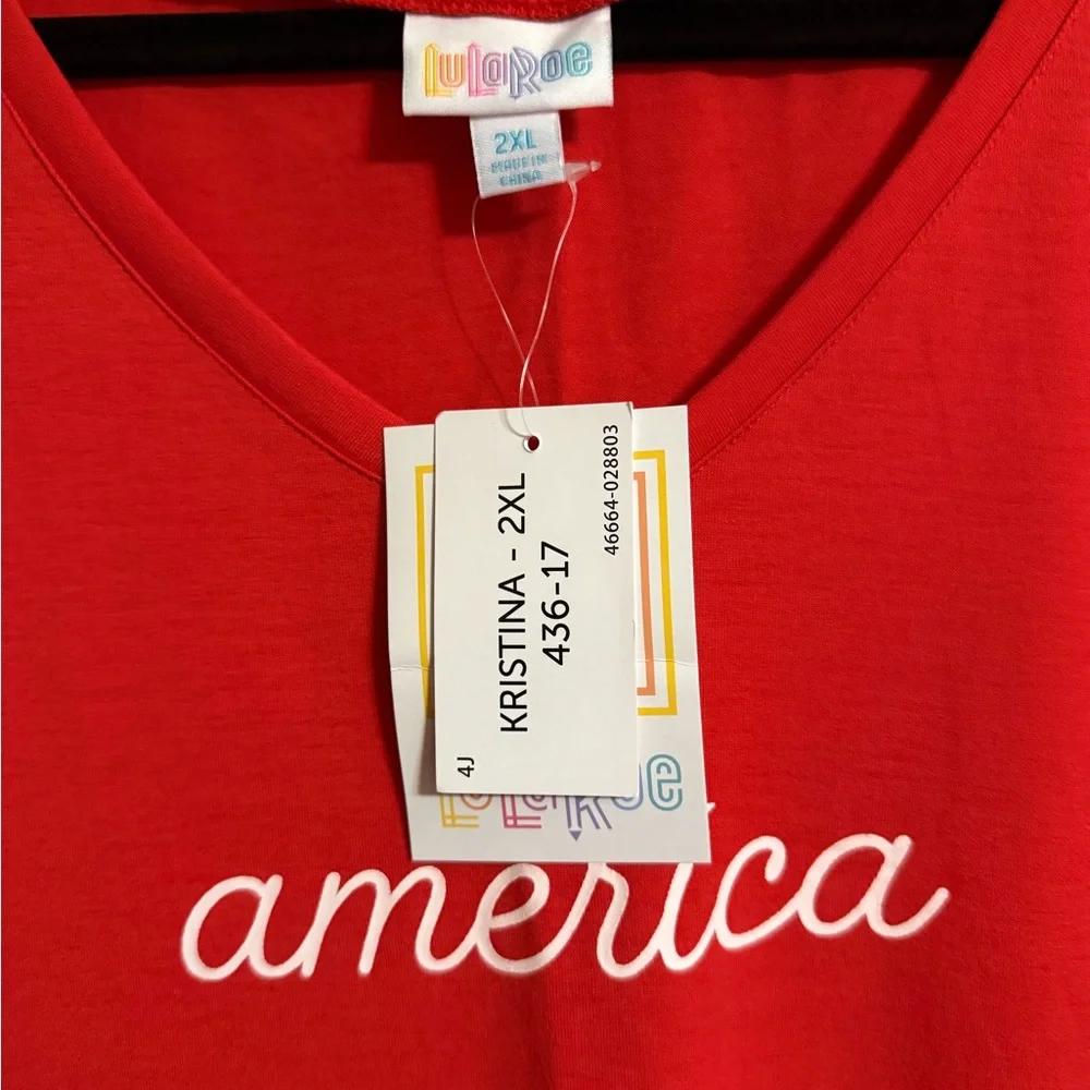 LuLaRoe Kristina Vibrant Red 'America' Tee NWT Size 2XL - Picture 1 of 4